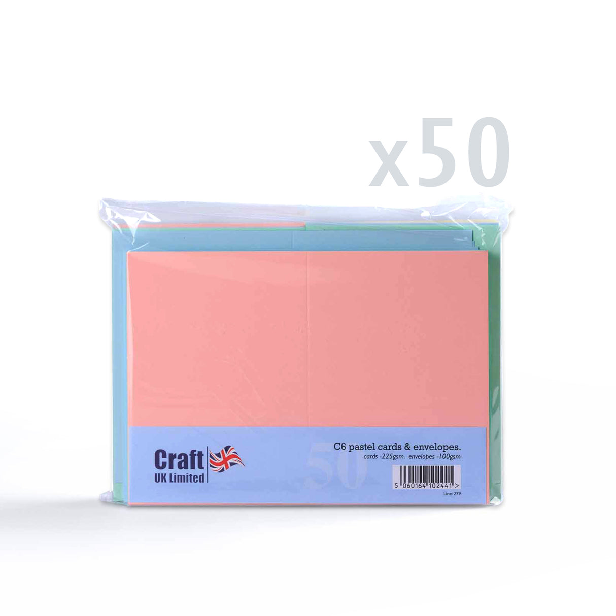 Gemengde pastelkleurige kaarten van 225 g/m² en bijpassende enveloppen van 100 g/m²