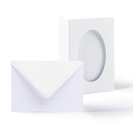 Witte drieluikkaarten met ovaal uitsnijvenster – verpakking